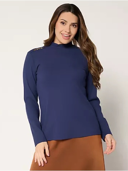 New Susan Graver Rib Knit Mock Neck Top Buckle Detail Navy 1x Minimalist Casual